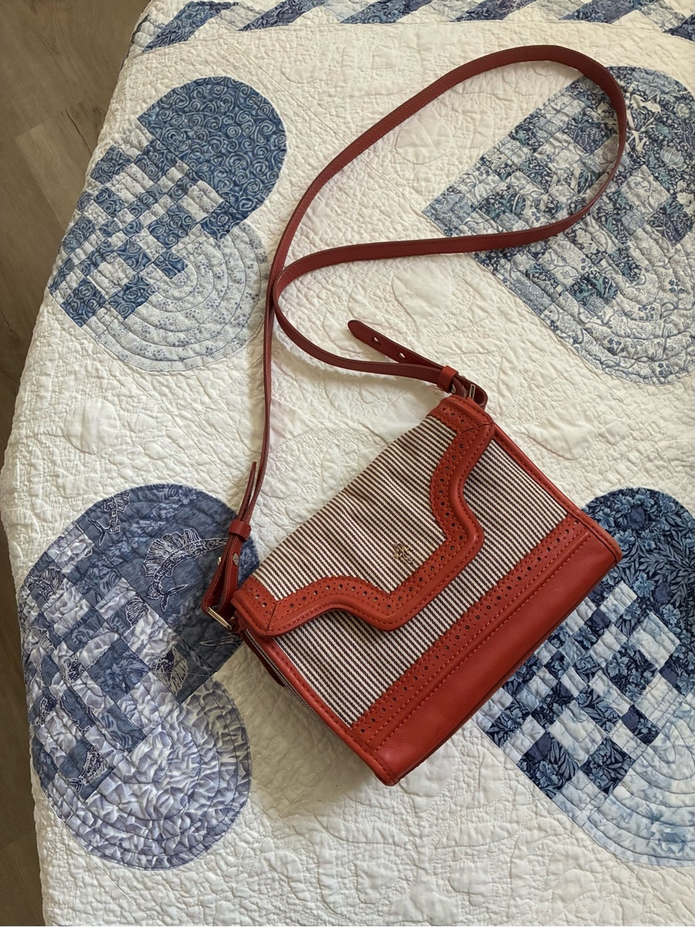 Cole Haan Red leather and Navy Striped fabric Crossbody Bag